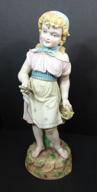 Large Antique German Bisque Figurine Girl With Basket Of Fish