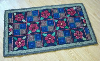 Vintage Hand Hooked Wool Rug 21x37 Flowers Squares Burlap Backed