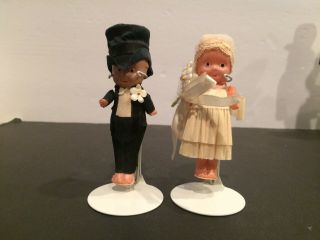 Vintage Celluloid Bride And Groom Wedding Cake Toppers With Stands