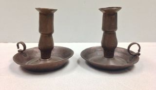 (2) Vintage Antique Copper Candle Stick Holder Hand Made With Ring Handle 4.  5 "