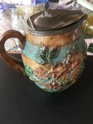 Antique Majolica Syrup Pitcher With Metal Lid Wild Rose