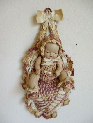 Antique Bisque Baby Doll Crochet Pin Cushion 9 1/2 " Vtg Absolutely Adorable