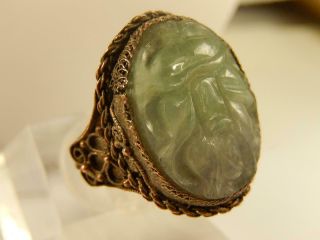 Early Chinese Export Carved Jade Antique Ring Sz 6 1/2 Wide Brass Tone Detailed