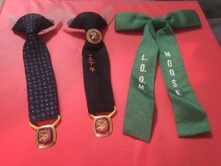 Set Of 2 Vintage Loyal Order Of Moose Lodge Clip On Tie And Vintage Lapel Ribbon