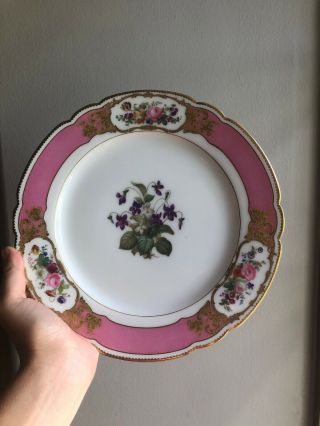 Vintage Antique Dinner Plate Floral White Pink Purple Flowers Gold Rim 10 inches 5
