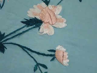 Victorian Antique Blue Silk & Ivory Bobbin Lace Embroidered Bedspread & Pillow