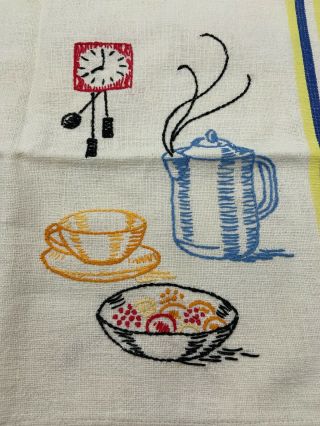 Vintage Embroidered Linen Tea Towel Clock Coffee Fruit