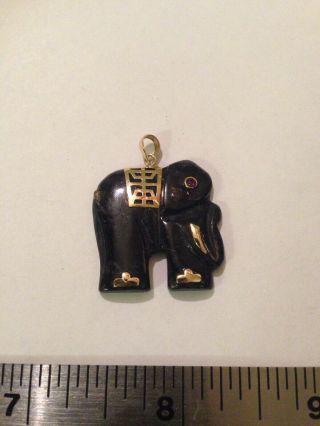 Antique 14k Yellow Gold Carved Black Jade Elephant Pendant W/gemstones