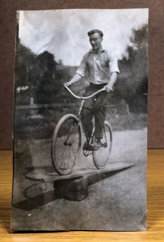 Man Riding A Bicycle Up A Ramp Plank Antique Real Photo Postcard Rppc View