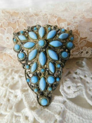 Antique Art Deco Dress Clip,  Turquoise Glass Caps,  2 1/2 "