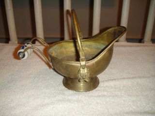 Vintage Coal Scuttle - Copper Or Brass W/ceramic Handle - Lion Head Support On Sides