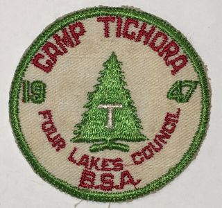 Bsa Boy Scout Patch Four Lakes Council Camp Tichora 1947