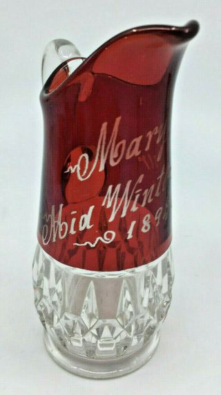 Ruby Red Flash Glass Souvenir Pitcher Mary Abid Abia Winter Fair 1894 Antique