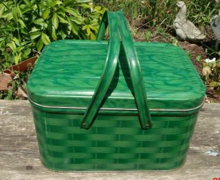 Vintage Lithograph Green Basket - Weave Cookie Tin Box Picnic Basket Handled Old