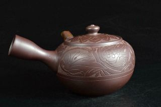 U1312:Japanese Banko - ware Brown pottery Flower sculpture BIG TEAPOT Eiraku made 3