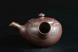 U1312:Japanese Banko - ware Brown pottery Flower sculpture BIG TEAPOT Eiraku made 4