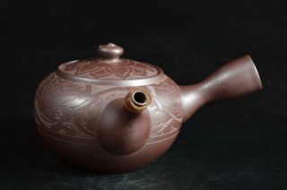 U1312:Japanese Banko - ware Brown pottery Flower sculpture BIG TEAPOT Eiraku made 6