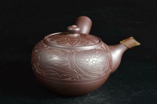 U1312:Japanese Banko - ware Brown pottery Flower sculpture BIG TEAPOT Eiraku made 7