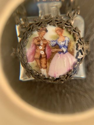 Antique Sterling Limoges France Perfume Bottle Silver Pin Brooch courting couple 3