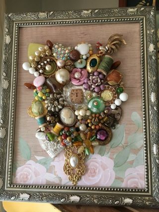 Jewelry Art Framed Bouquet 8x10 Floral Vintage Earrings Brooches Wedding