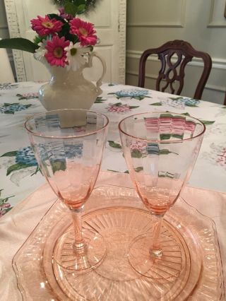 2 (two) Antique Vintage Pink Depression Glass Stemware Tall Water Wine Goblets