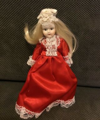 Bisque Porcelain Doll 8 " Red Lace Dress Blonde Hair Vintage Collector 