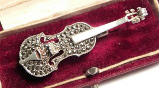 Antique Silver Vintage Marcasite Violin Brooch