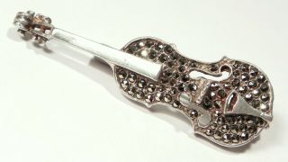 Antique Silver Vintage Marcasite Violin Brooch 3