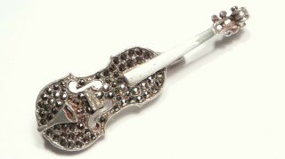 Antique Silver Vintage Marcasite Violin Brooch 4