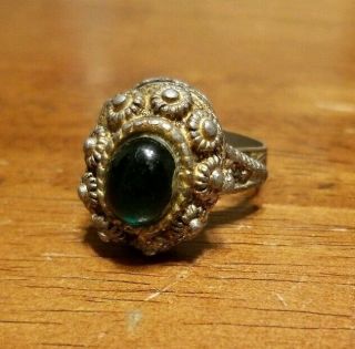 Antique Pill Box Silver Tone Ring With Green Stone