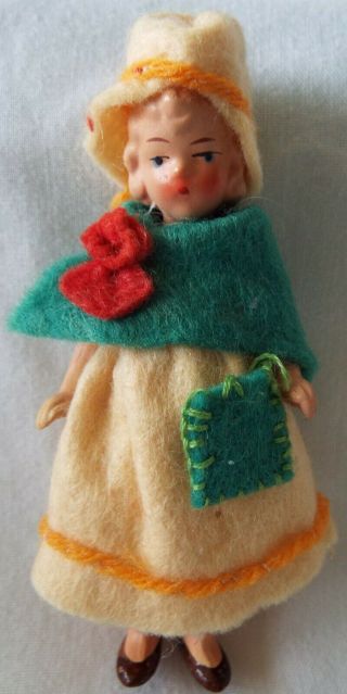German All - Bisque 1930’s Vintage 4” Dollhouse Doll In Felt Outfit