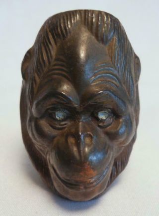 Antique Copper Bronze Metal Gorilla Head Enamel Eyes Toothpick Holder No Res