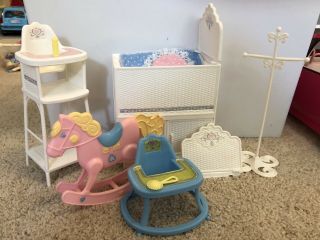 Vintage Barbie Heart Family Nursery Set Crib Rocking Horse High Chair Walker