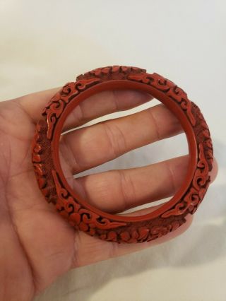 Antique Red Cinnabar Deep Detailed Perfect Carved Flower Bangle Bracelet