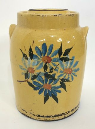 Antique Yellow Stoneware Pottery Cookie Jar W/ Lid Painted Floral Flowers 10”