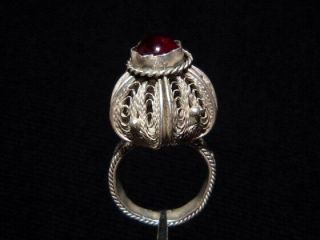 Magnificent Antique Huge Silver Filigree Ring,  Red Stone