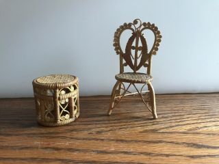 Vintage Wicker Doll House Furniture Chair And Side Table