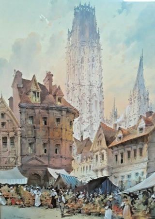 Charles Rousse Antique 19th C.  Continental Watercolor Street Scene W/ Cathedral
