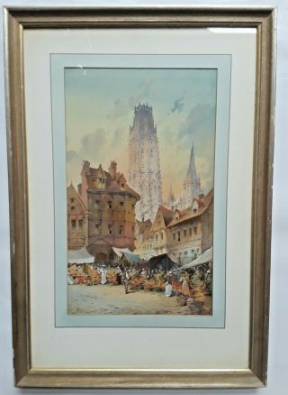 CHARLES ROUSSE Antique 19th C.  Continental Watercolor Street Scene W/ Cathedral 2