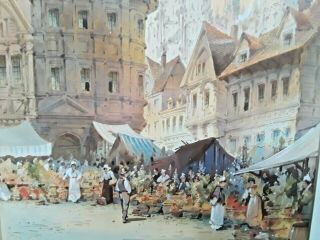 CHARLES ROUSSE Antique 19th C.  Continental Watercolor Street Scene W/ Cathedral 3
