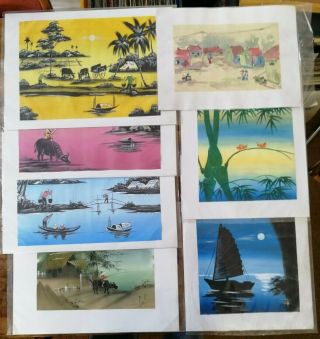 Vintage South East Asian Hand Painted Mounted Silk Paintings X 7