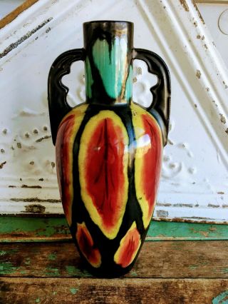 Antique 1920s Art Deco Henri Delcourt France Drip Pottery Double Handle Vase
