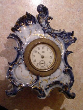 Victorian J.  B.  Co.  Prussian Blue/gold On White Porcelain Shelf/mantel Clock