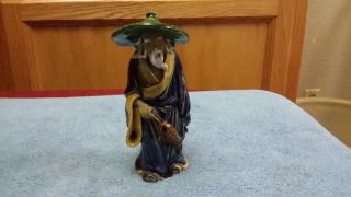 Antique Chinese Shekwan Mudmen Figure 1890 - 1919 Man In Hat With Fish 4.  5 Inch
