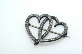 Antique Double Heart Sterling Silver Repousse Pin Pendant Holder Brooch