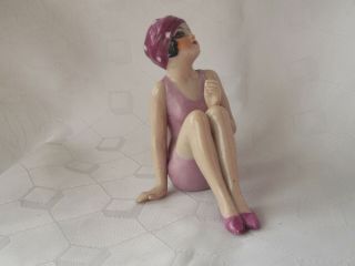 Antique Seated Bathing Beauty / Belle Figure Lilac Bathing Suit & Cap 3 " High