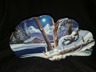 Vintage Shelf Mushroom Hand Painted Moonlight Cabin On Lake 10 " X 2.  5 " X5.  75 "