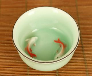 Antiques Old Jingdezhen Porcelain Hand Painting Fish Statue Bowl Tea Cup Gift