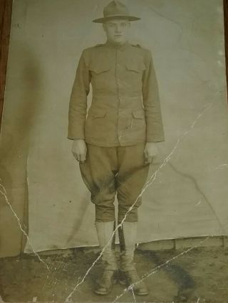 Antique Wwi Doughboy Hat Soldier Photo Uniform Young Man Boy Ww1 Vtg
