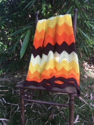 Vintage Hand - Knit Crocheted Afghan Throw Blanket Chevron Pattern 60s/70s